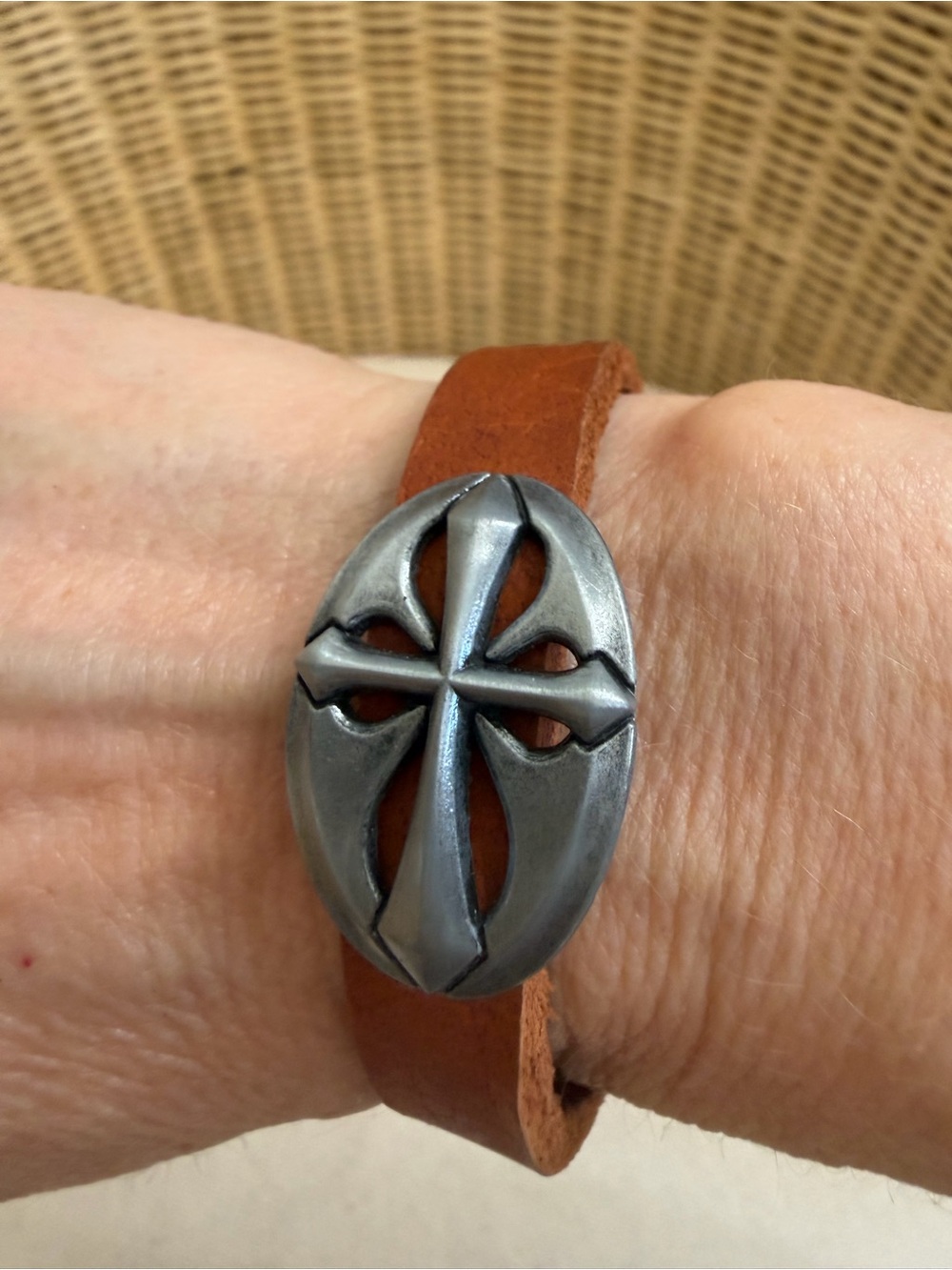 Mens Handmade Brown Leather Bracelet with Metal Cross Accent